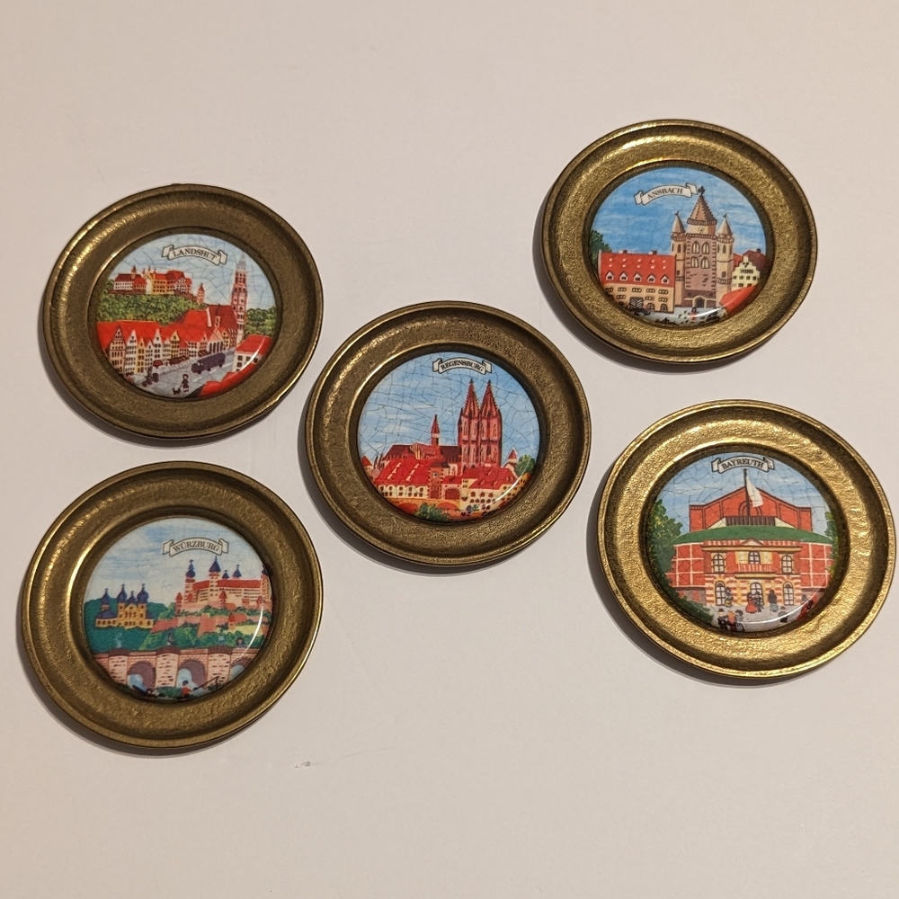 Vintage Brass Painted Porcelain German Coasters/Miniature Collectable Plates.